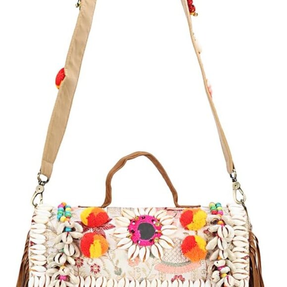 Convertible Floral Embroidered Crossbody Clutch with Leather Fringe - 12" x 6" - Picture 1 of 9